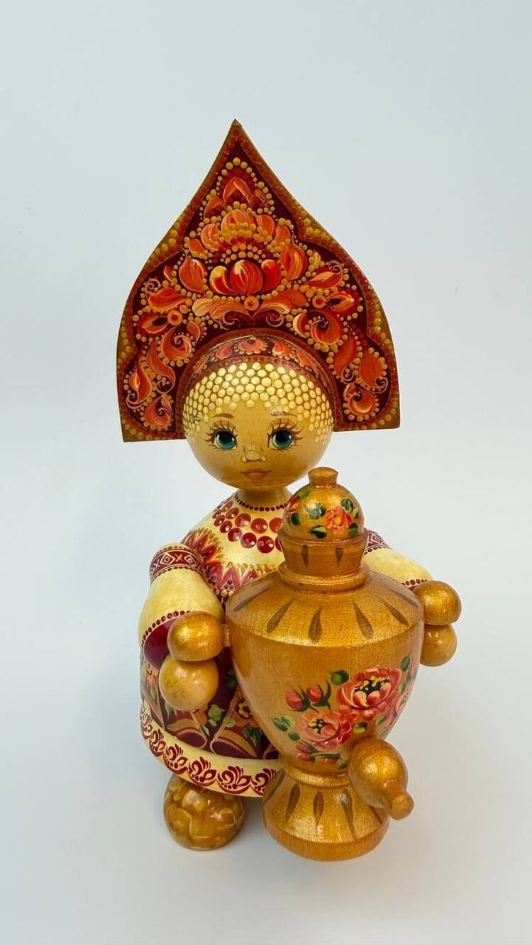 Vintage Russian Hand Painted Wooden Doll Samovar Tverskoy Uzor Zmyvalova
